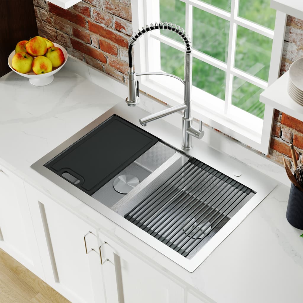 Matrix 33" Top Mount Workstation 16 Gauge Double Bowl Stainless Steel Kitchen Sink with Accessories