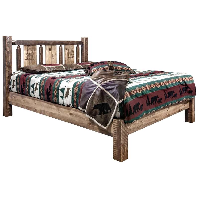 Rustic King Bed - Elk Design Platform Bed - Solid Pine Wood - Durable & Stylish