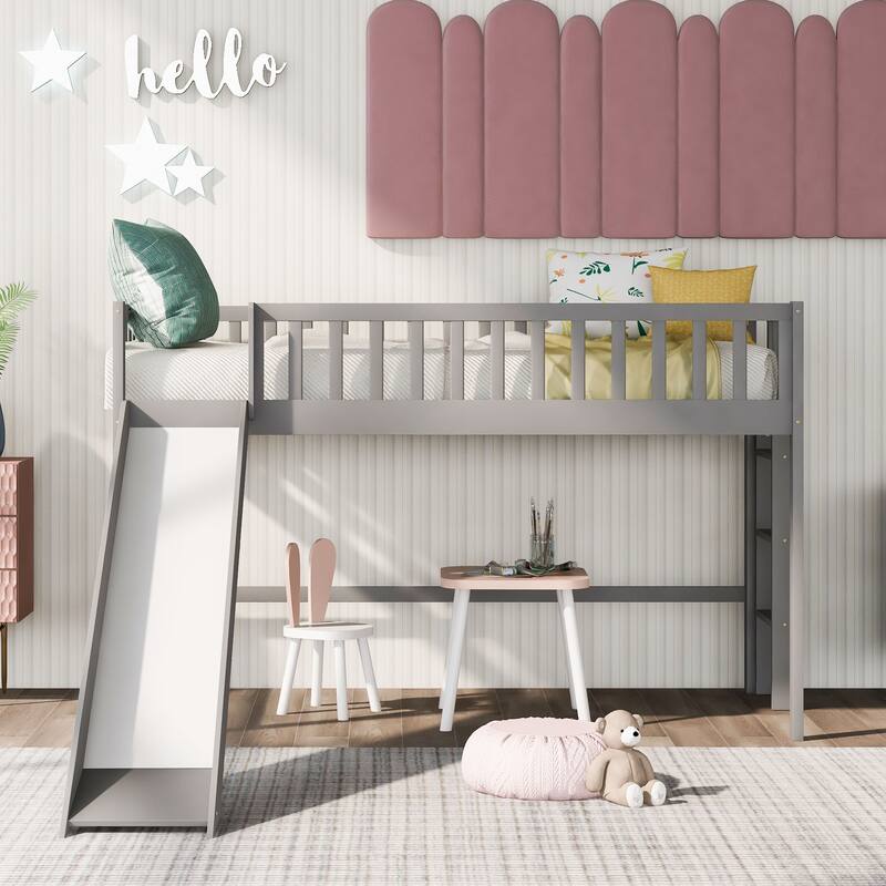 Low Loft Bed Kids Bed with Slide for Boys Girls, Loft Bed Toddler Bed with Ladder and Safety Guardrail Wood Slat Support - Grey - Twin