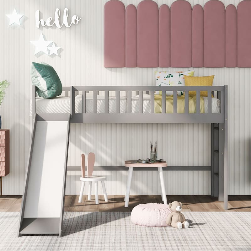 Twin Size Low Loft Bed with Ladder and Slide - Grey