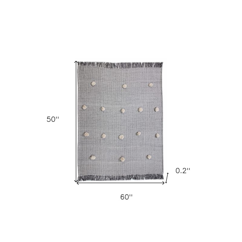 HomeRoots 50" X 60" Gray Woven Cotton Houndstooth Throw Blanket with Pom Poms