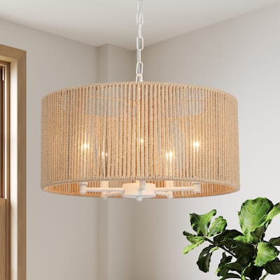 5 - Light Coastal Style Hand-Woven Drum Chandelier Dimmable Pendant Light - N/A