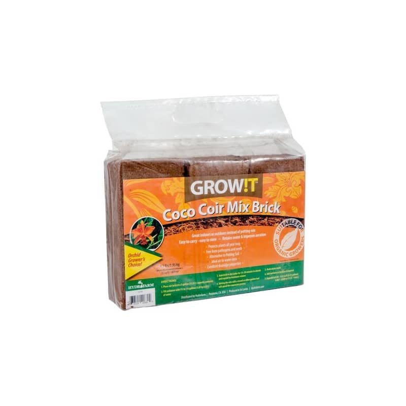 Hydrofarm GROW!T JSCPB All Natural Pathogen Free Coco Coir Mix Brick, Pack of 3 - 4.95
