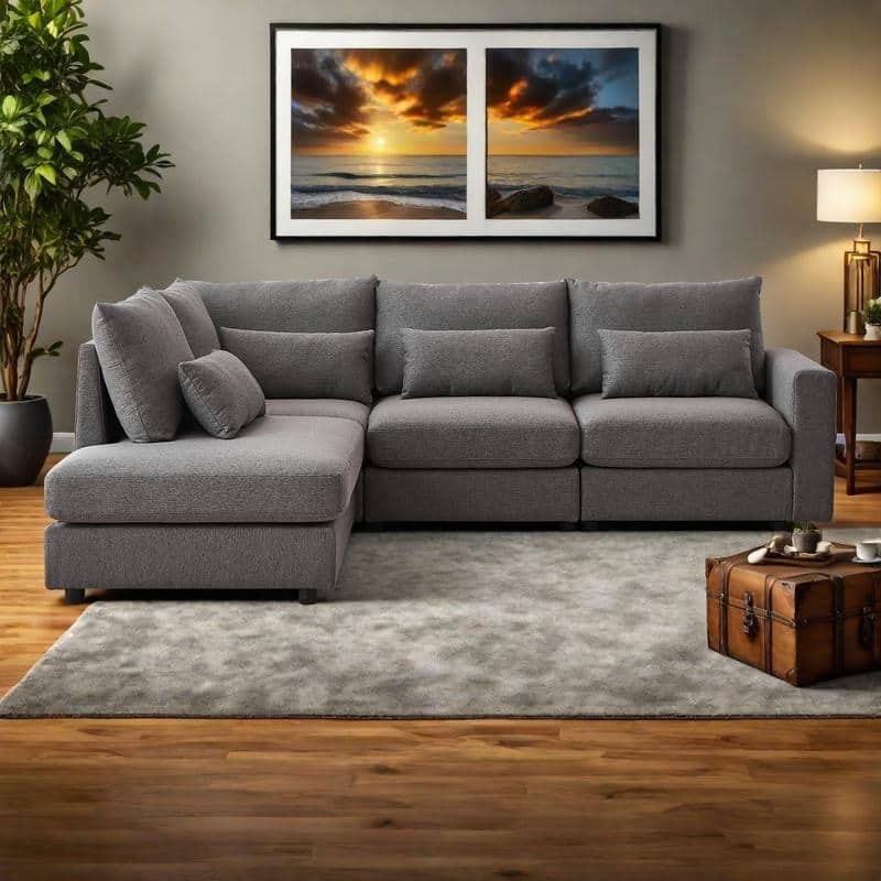100.2" Linen L-Shaped Sectional Sofa with Ottoman, 5 Cushions & 4 Lumbar Pillows - Convertible Design