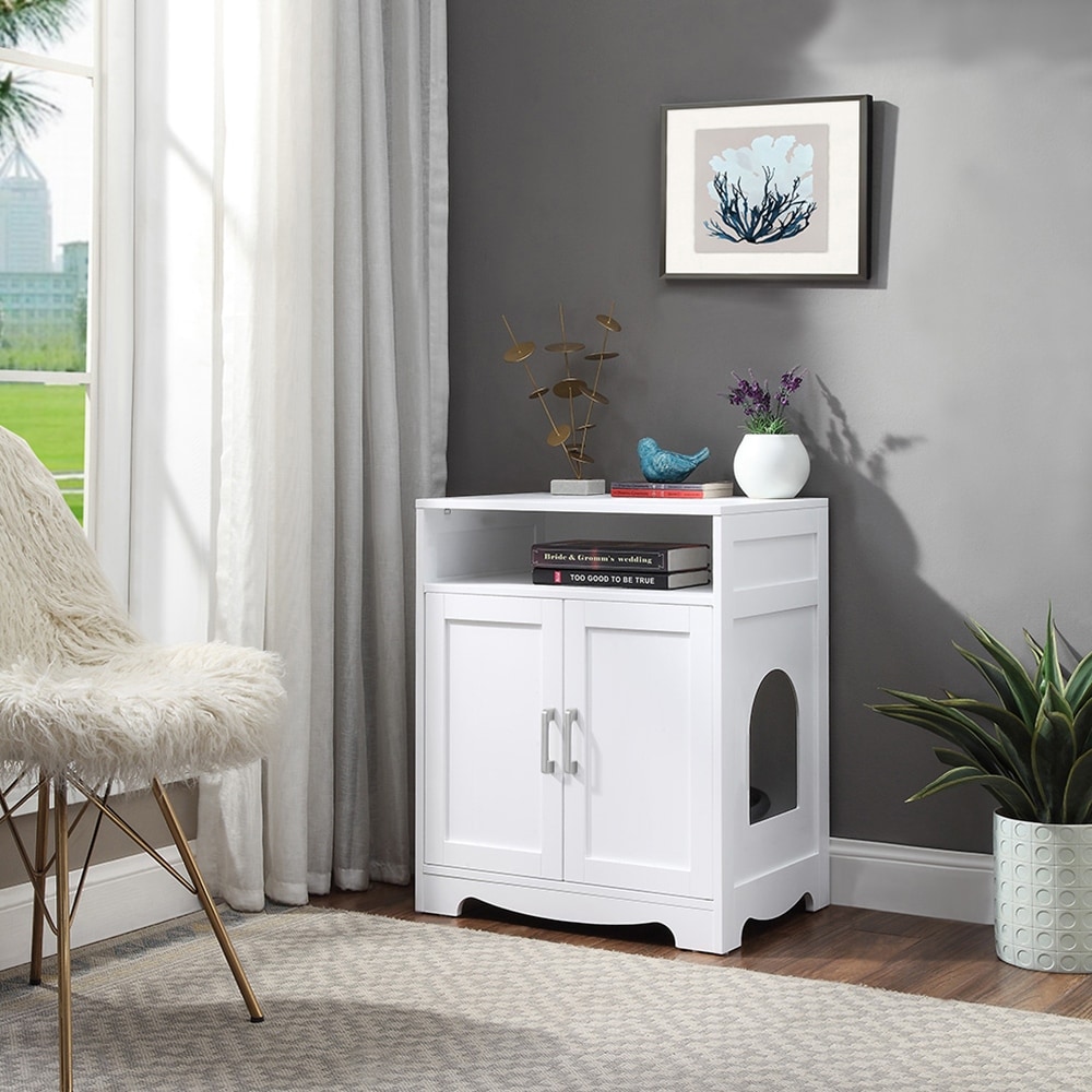 Cat Litter Box Enclosure with Open Storage Shelf and Side Entry, Hidden Litter Box Furniture
