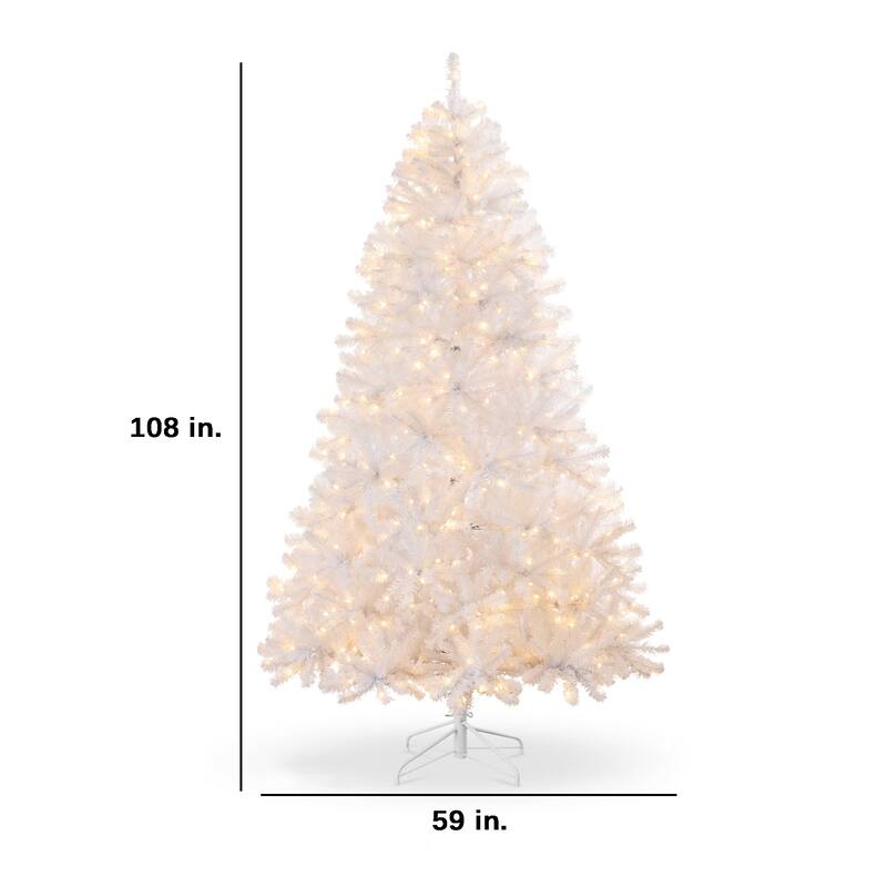 Prelit White Artificial Tinsel Christmas Tree w/ Foldable Stand - 9 Foot