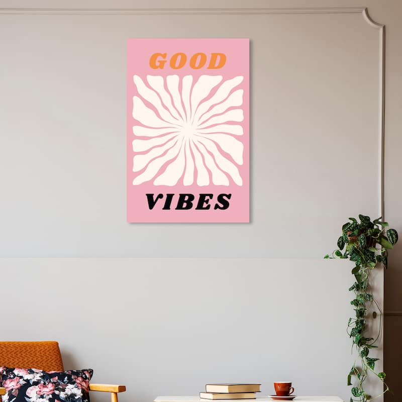 Wynwood Studio Canvas Typography and Quotes Good Vibes Flower Pink and Modern & Contemporary Wall Art Canvas Print
