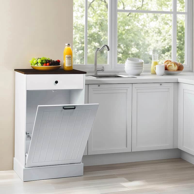 Tilt Out Trash Can Cabinet, Hidden Wooden Trash Can Cabinet with Drawer, Free Standing Garbage Cabinet, 10 Gallon Hamper Cabinet