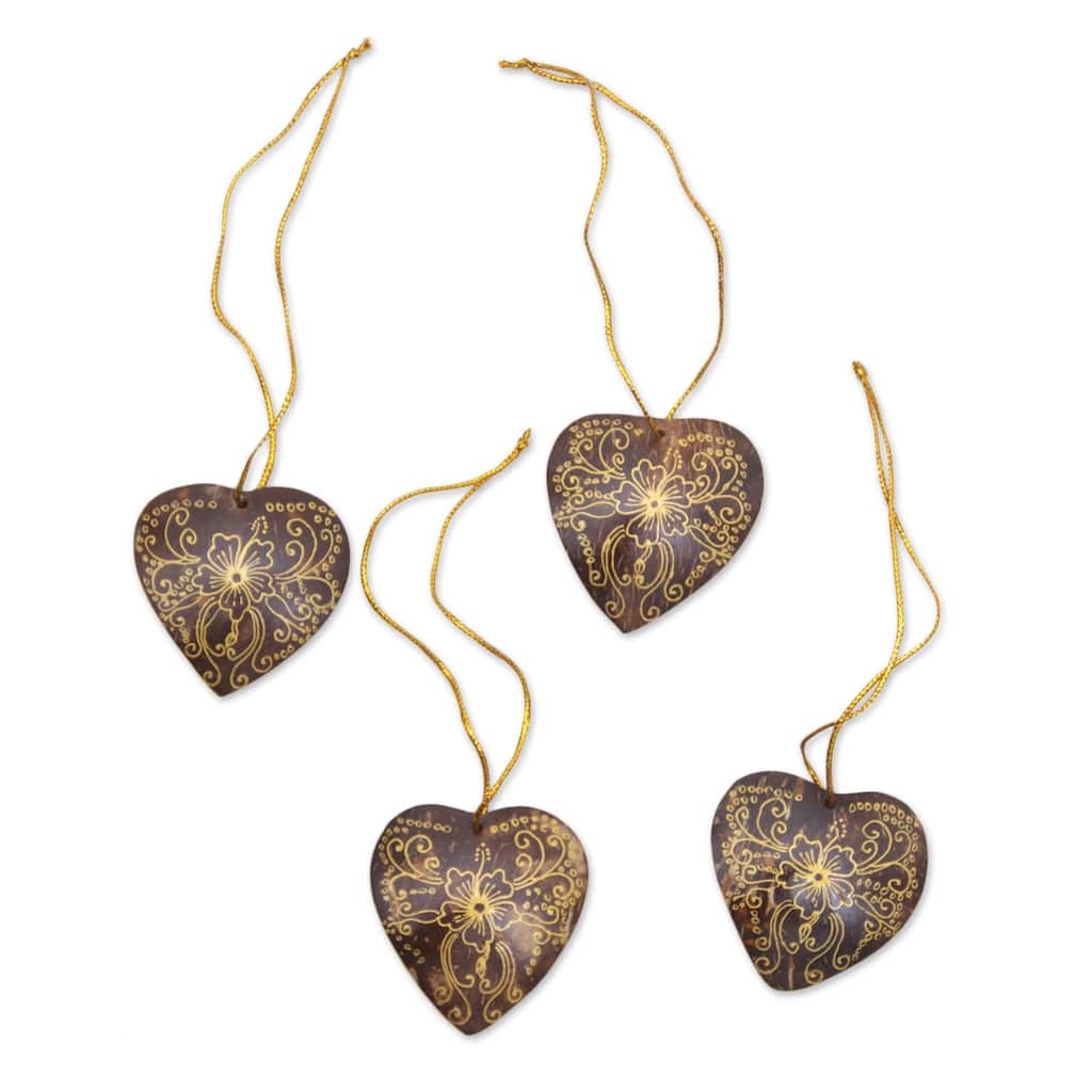 Novica Handmade With Our Hearts Coconut Shell Ornaments (Set Of 4)