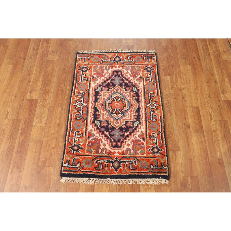 Hand Knotted Oriental 100% Wool Carpet Traditional Medallion Navy Blue & Blues Heriz (serapi) Area Rug - 3' 0'' X 2' 0''
