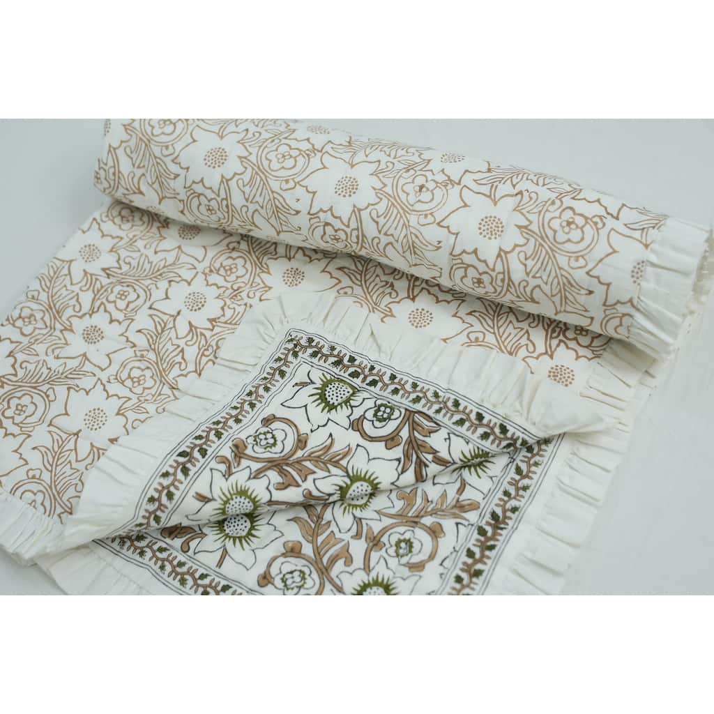 Fabdivine Handcrafted Cotton Quilt Brown Green Floral, Heritage-Inspired Textile, Reversible Statement Bed Layer for Home Décor
