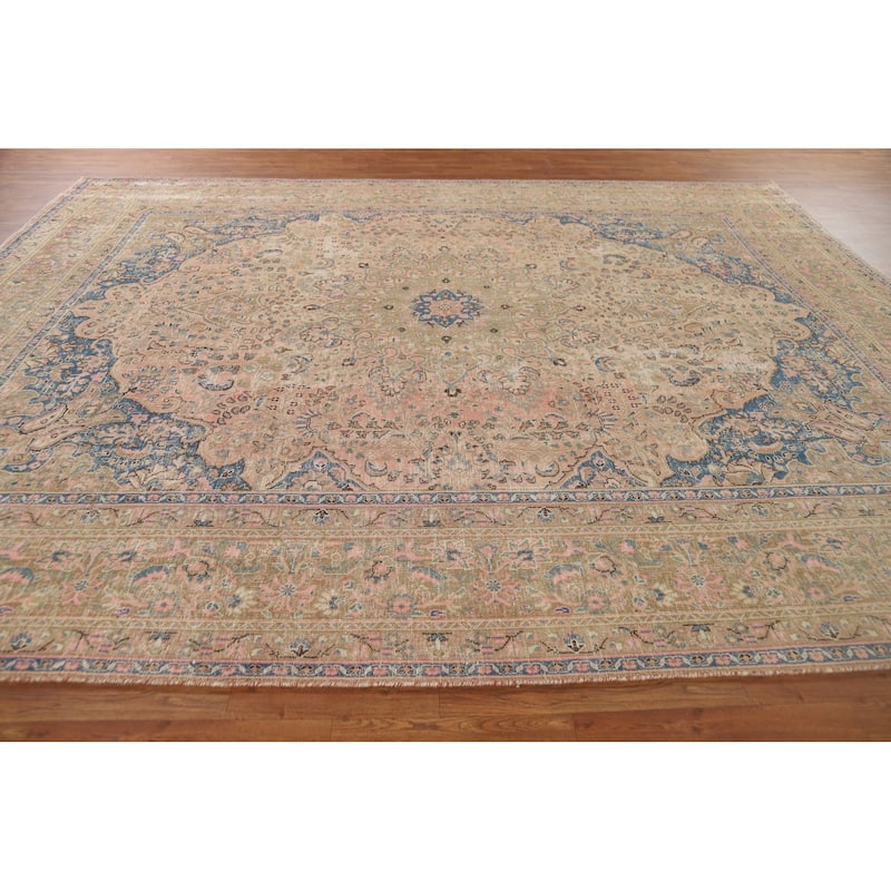 Distressed Pink Mashad Persian Antique Rug Hand-Knotted Wool Carpet - 9'8" x 12'5"