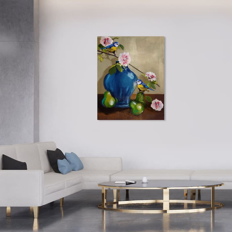 Wynwood Studio Canvas Animals Still Life Cute Birds Blue and Traditional Wall Art Canvas Print - Blue, Green - 36 x 30