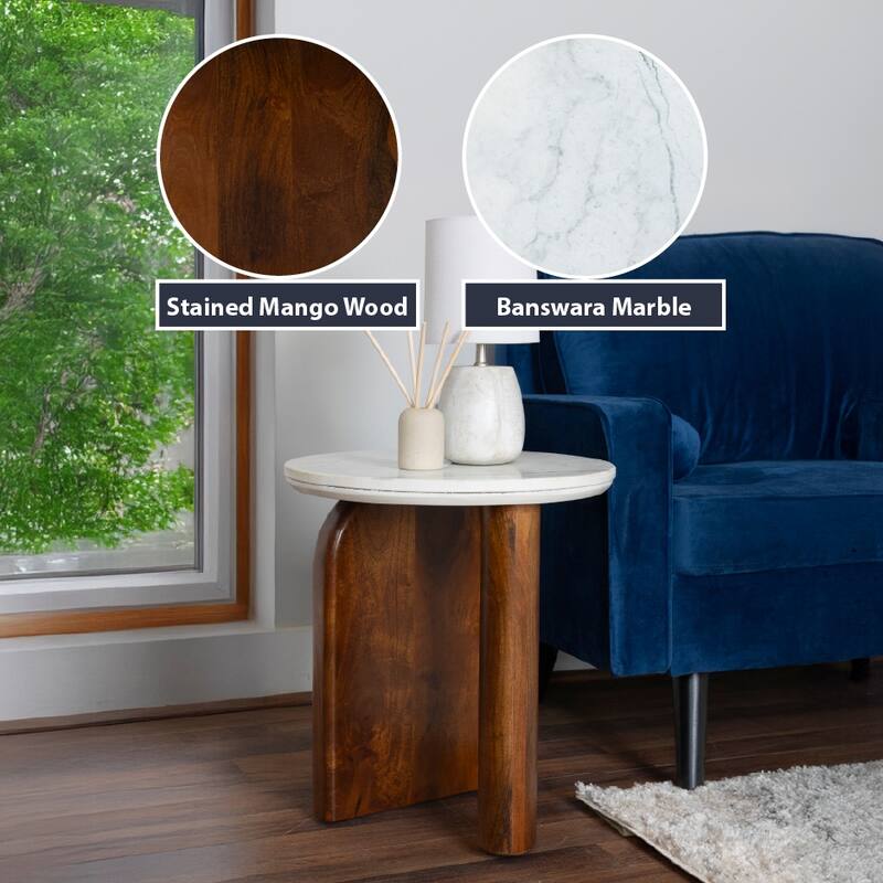 Modern Round Side Table with Banswara Marble Top & Stained Mango Wood Base - Elegant Accent Table