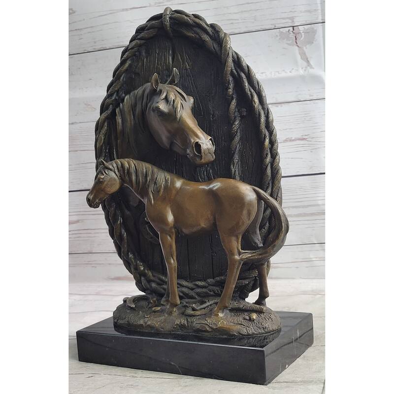 Equestrian Horse Lover Decor Mare Foal Bronze Sculpture Statue On Marble Base