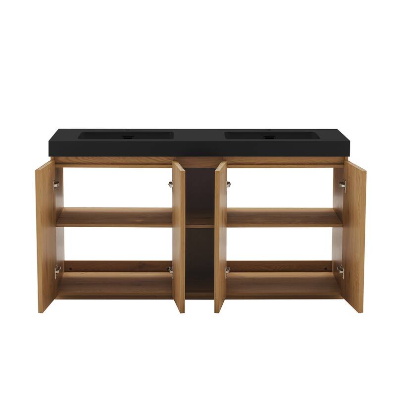 GDFStudio - Galan 60" Freestanding Bathroom Vanity with Quartz Sink, Solf Close Doors, Open Storage Shelf, NO Drain & Faucet