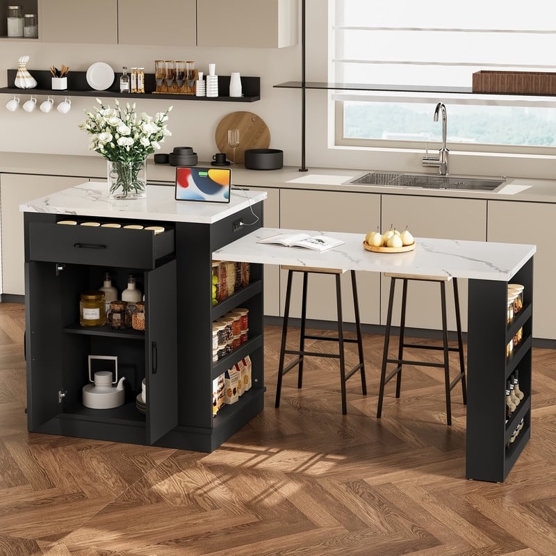 80.7" Kitchen Island with Extendable Top, Drawers and Cabinets for Versatile Cooking and Dining Solutions - Black