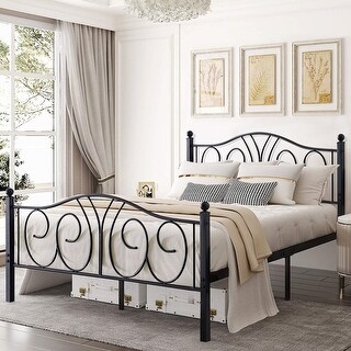 Black Vintage Scroll Metal Platform Bed Frames with Headboard