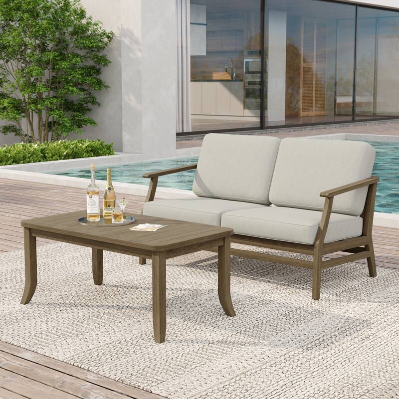 Teak Wood Patio Outdoor Loveseat Sofa and Coffee Table Set