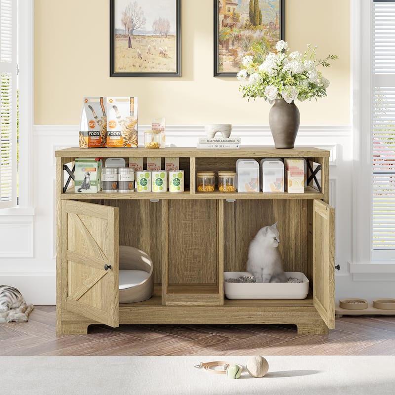Cat Litter Box Enclosure for 2 Cats, Double Hidden Litter Box Furniture Cat Washroom, Farmhouse Indoor Cat House End Table