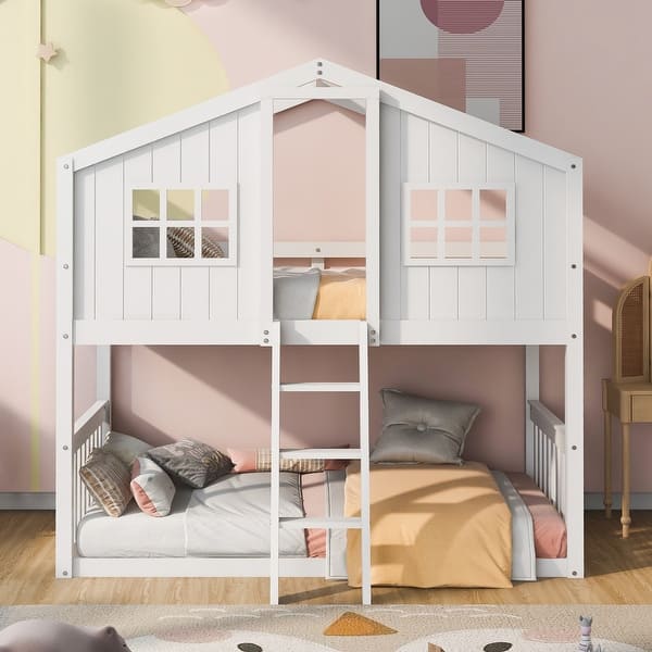 slide 2 of 9, Twin Over Twin Size Playhouse Bunk Bed, Floor Bunkbeds, Solid Wood House Bed Frame with Ladder, Roof & Window, for Kids Teens White - Twin