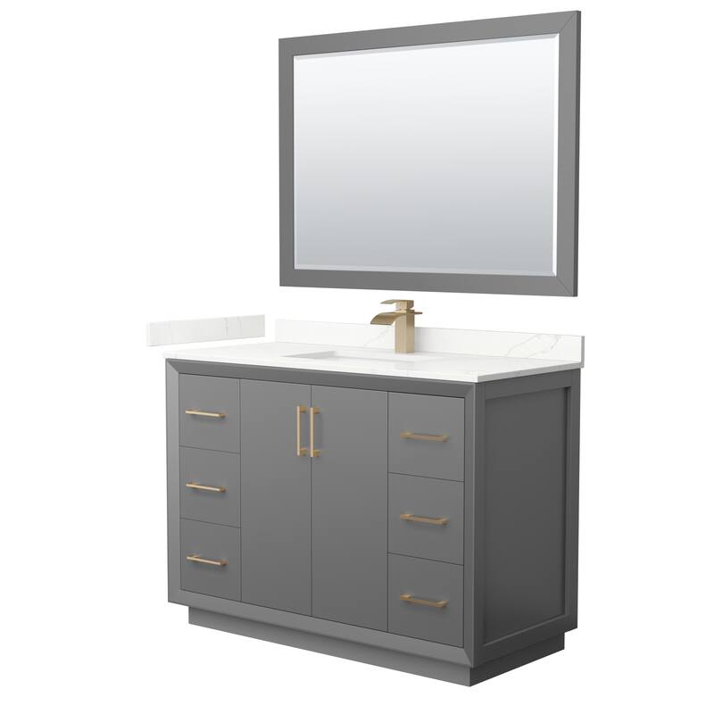 Strada 48-inch Single Vanity, Quartz Top, 46-inch Mirror - Dark Gray, Bronze Trim, Giotto Quartz Top