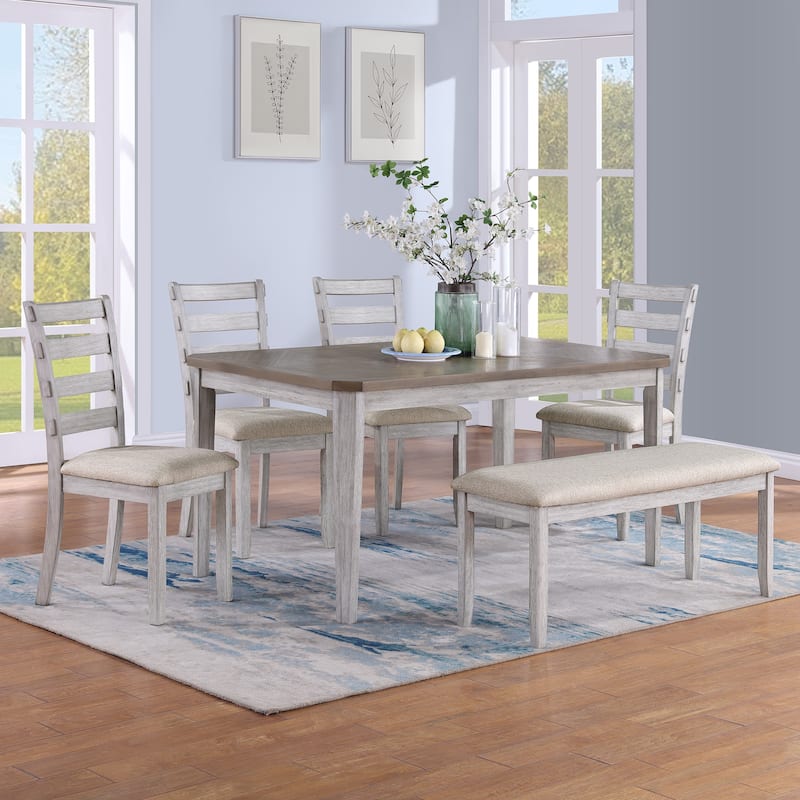 Minimalist 6-Piece Oak 60" Length Dining Set(1 Dining Table+4 Upholstered Chairs+1 Bench)