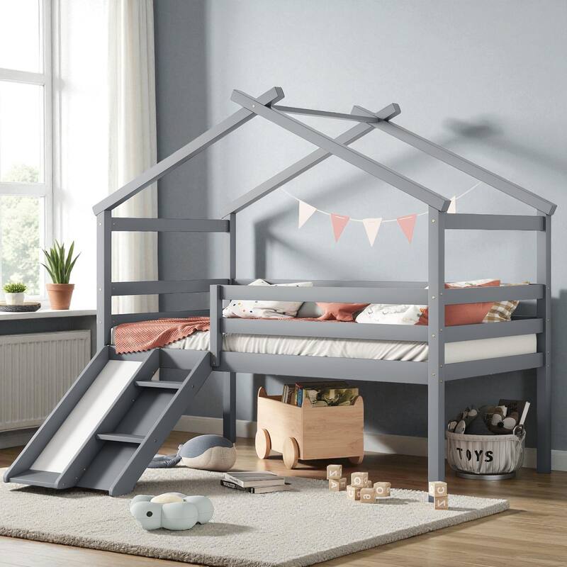 Twin Size Wooden Low Loft House Bed with Slide, Ladder, Safety Guardrails, and Roof Frame - Grey - Twin
