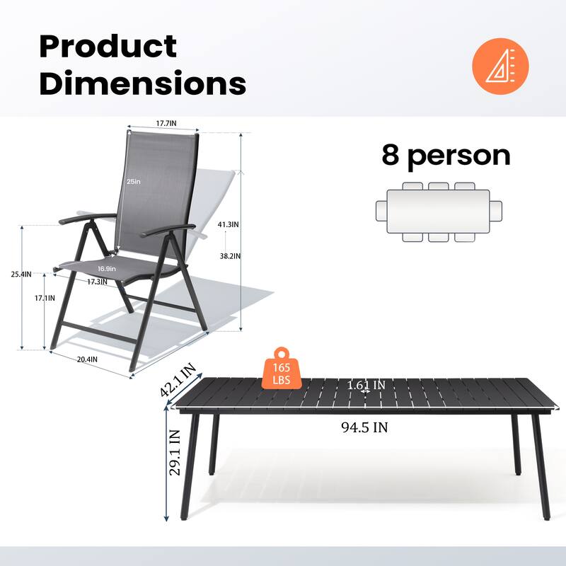 Outdoor Rectangle Aluminum Dining Table with Umbrella Hole with Durable Adjustable Reclining Folding Chair