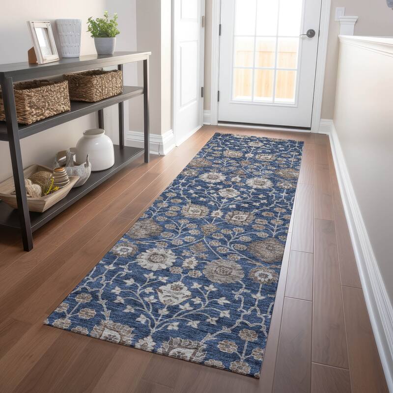 Machine Washable Indoor/ Outdoor Traditional Casual Chantille Rug - Navy - 2'3" x 7'6"