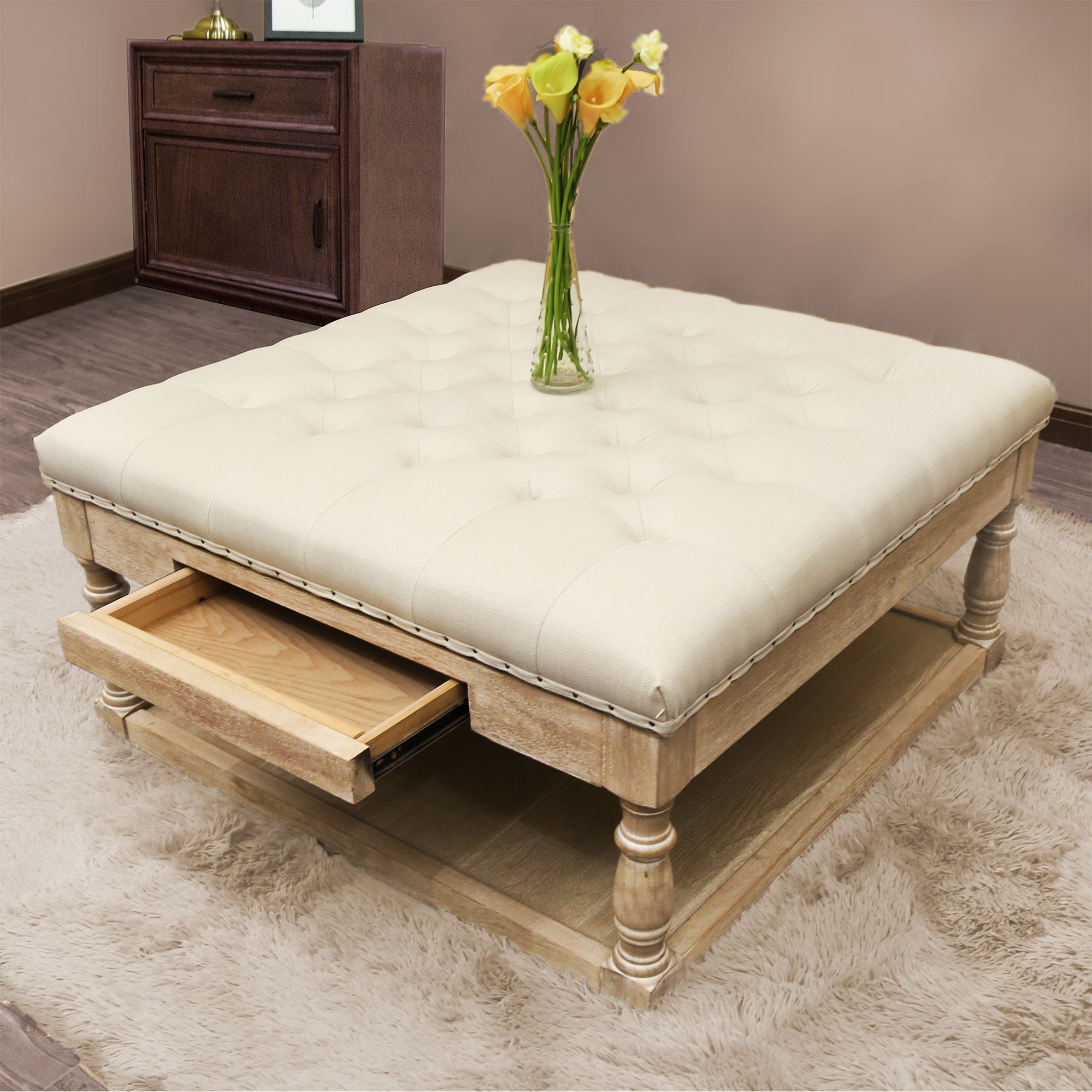 Warehouse of Tiffany Suleiman Tufted Padded Cocktail Ottoman with Shelf and Drawer