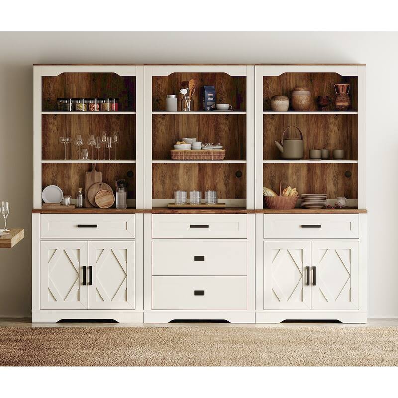 3-Column 73.3" Tall Bookshelf Set with Open Storage and Glass Doors - Cream White - 3 Open Shelf