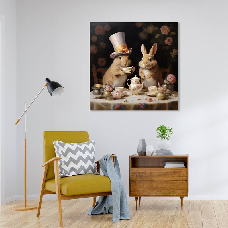 Wynwood Studio Canvas Animals The Classic Tea Time White and Cream White Traditional Wall Art Canvas Print - 30 x 30