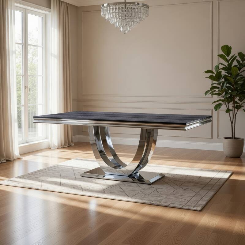 Dining Table with Faux Marble Top and Open Pedestal Base, Chrome