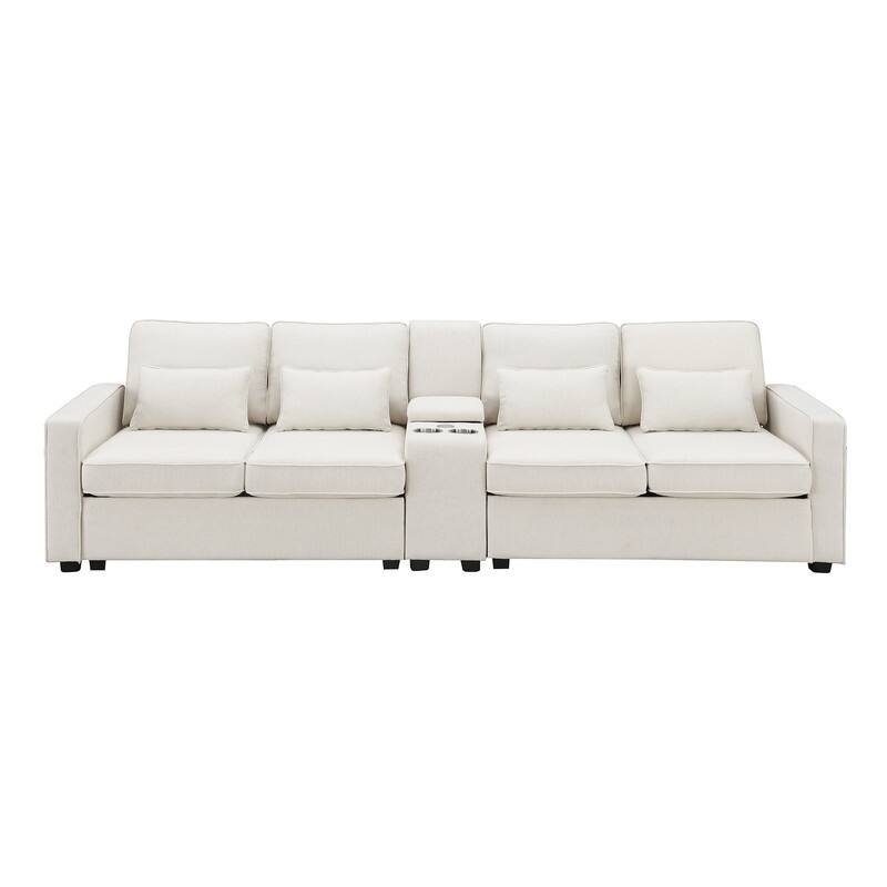 114.2" Upholstered with console, 2 cup holders and USB port (wired or wireless charging) with 4 pillows