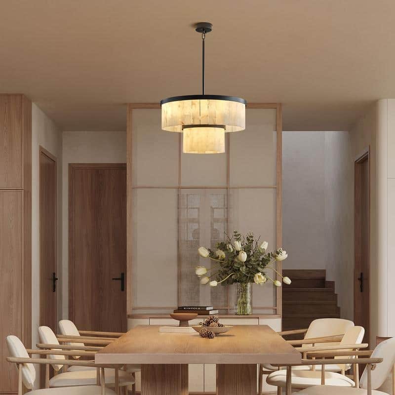 Elegant layered alabaster chandelier with natural stone panels