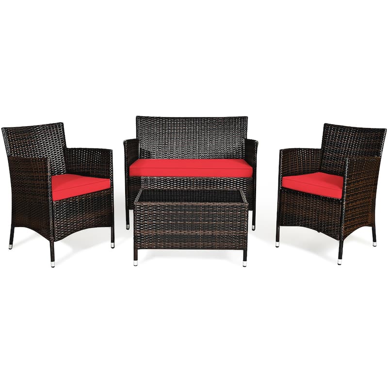 4PCS Patio Rattan Furniture Conversation Set - Red