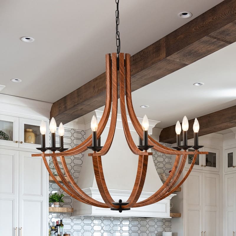 Vintage Farmhouse Chandelier Candle Style Wooden Chandelier Pendant Light Adjustable Height Rustic Hanging Light  - 35.43 in