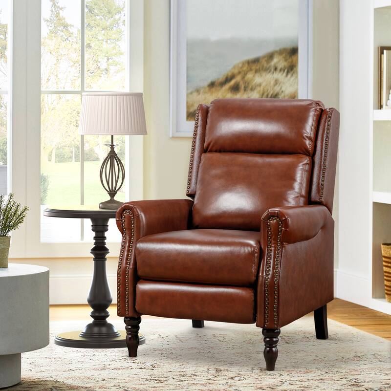 Genuine Leather Push Back Adjustable Recliner with Comfortable Arms for Living Room Chair - Red Brown