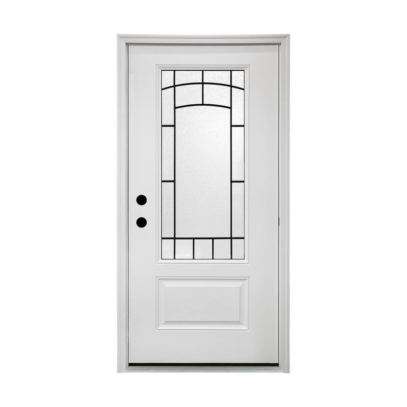 36 x 80 Smooth Fiberglass Entry Door with Brickmould,3/4 View Frosted Glass, Right Hand Inswing,White Primed Knock-Down Door - White