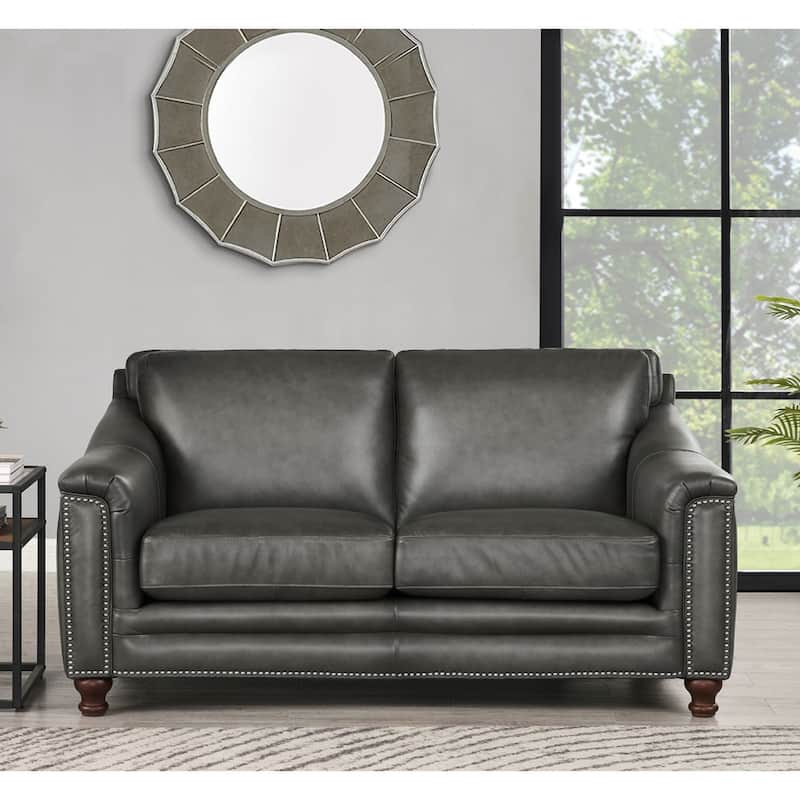 Hydeline Belfast Top Grain Leather Loveseat, Feather, Memory Foam and Springs - Ash Gray