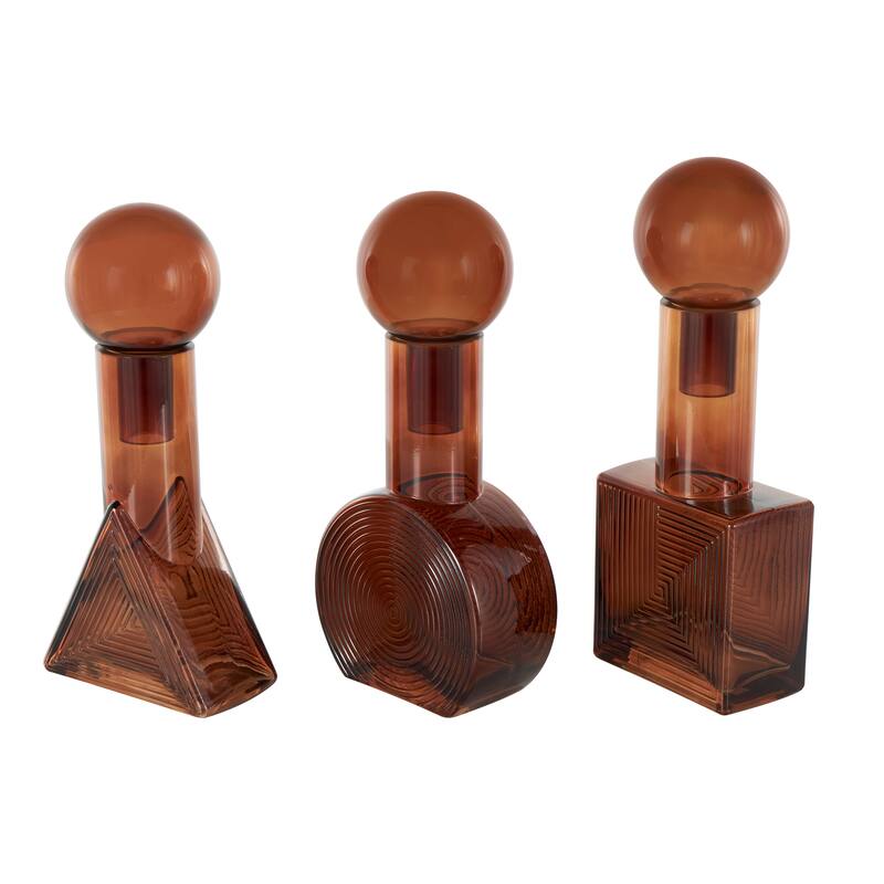 Brown Glas Ombre Geometric Living Room Decorative Jars with Textured Grooves and Round Orb Tops (Set of 3)