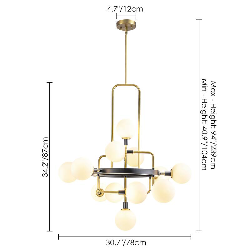 12-Light Modern Glam Geometric Frosted Opal Glass Globe Large Chandelier - 30.71 in. W x 34.25 in. W