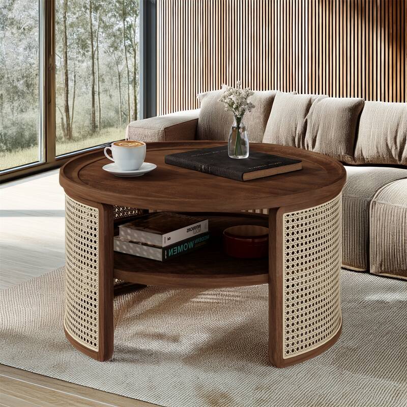 2-Tiered Round Walnut Wood Coffee Table