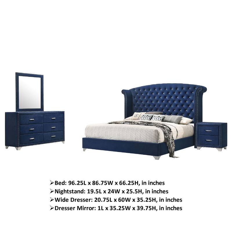 Giya 4pc King Bedroom Set, Classic Tufted Dark Blue Velvet Upholstery
