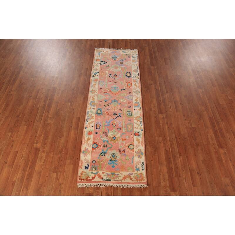 Pink Oushak Indian Runner Rug Handmade Wool Carpet - 2'7"x 7'9"