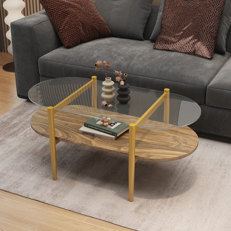 Modern Coffee Table with Clear Glass Top, Capsule Shape 2 Tier Center Table with Wood Shelf and Metal Legs for Living Room