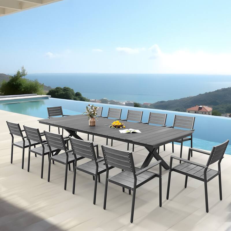 13PC Outdoor Patio Aluminum X-Frame Dining Set Table with Stackable Chairs Umbrella Hole