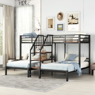 Metal Twin over Twin & Twin Bunk Bed with Storage Shelves Staircase, Triple Bunk Bed Frame, No Box Spring Needed for Kids
