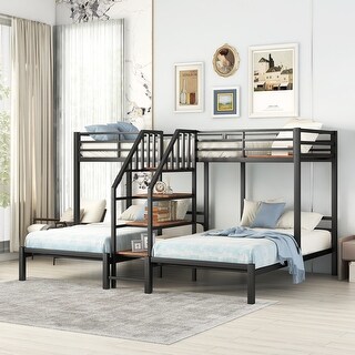 Triple Twin Bunk Bed with Storage Shelves and Stairs